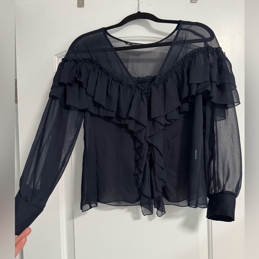 Zara Navy Blue Sheer Ruffled Blouse with Cuffed Sleeves